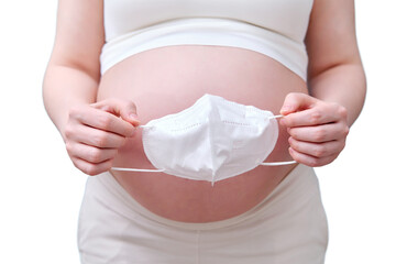 Face mask N95 in the hands of a pregnant woman, studio shot, isolated on a white background