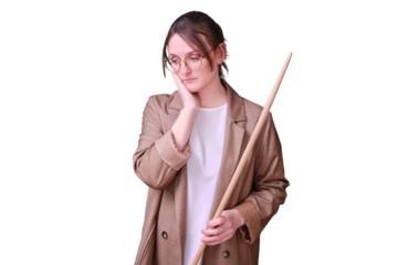 Sad woman teacher with pointer on studio isolated on a white background, copy space