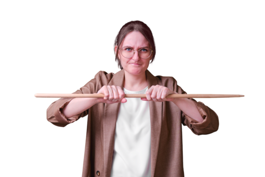 Stressful woman teacher with pointer on studio isolated on a white background, copy space