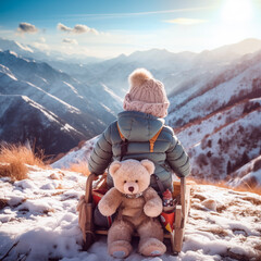 baby is sitting in the hill with teddybear and looking to the nature