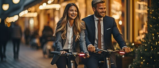 A businessman and a businesswoman were using electric scooters to their advantage.. - Powered by Adobe