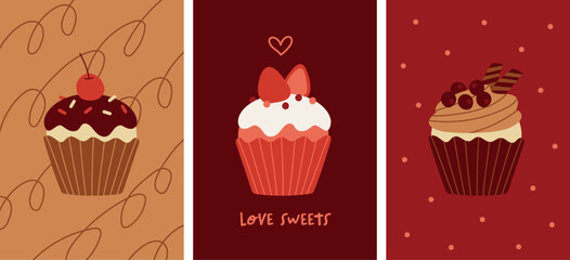 A set of art posters of cupcakes with sweet chocolate and strawberry coloring.