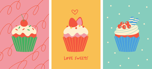 A set of colorful cupcake art posters with a retro and pop design.
