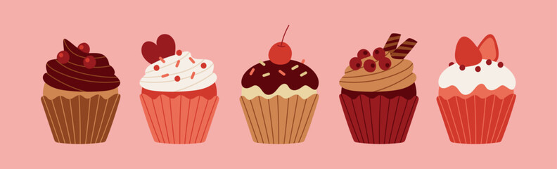 Vector illustration set of cupcakes decorated with chocolate and strawberries.