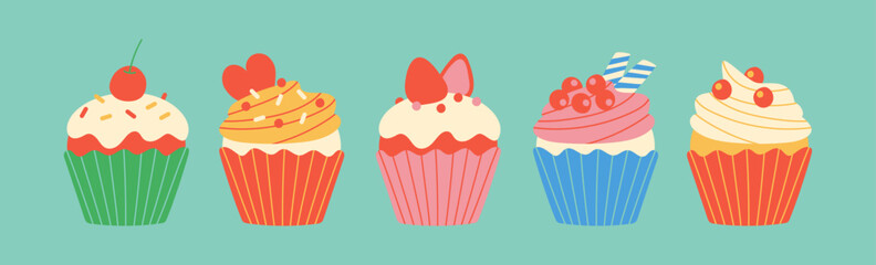 A set of vector illustrations of colorful cupcakes in a retro and pop design.