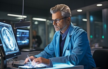 Fototapeta premium A man doctoring a brain CT scan.