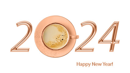 Happy new year 2024 greeting card in trendy color year 2024 Peach Fuzz. Pink coral coffee cup as...