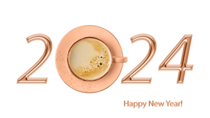 Happy new year 2024 greeting card in trendy color year 2024 Peach Fuzz. Pink coral coffee cup as number 0 in golden number 2024