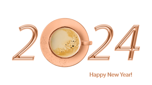 Happy new year 2024 greeting card in trendy color year 2024 Peach Fuzz. Pink coral coffee cup as number 0 in golden number 2024