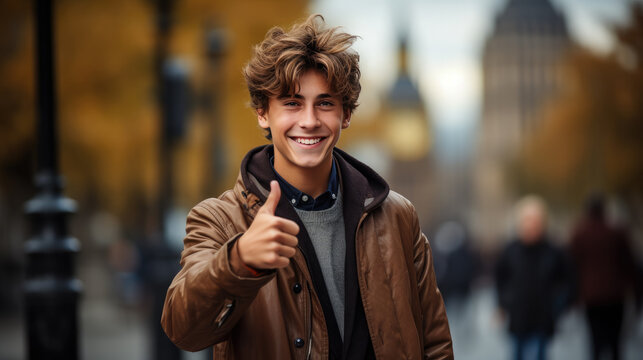 smiling happy young guy against the backdrop of Big Ben in London, boy, teenager, traveling to another country, student, studying English, schoolboy, work and study abroad, Europe, England, thumbs up