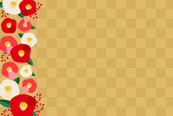 椿のお正月用フレーム　かわいい赤の花と市松模様の金色の背景
 - obrazy, fototapety, plakaty