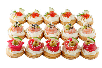 set of appetizing canapes with shrimp, avocado and smoked salmon on a white background for a food delivery site 1