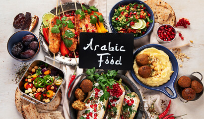 Middle eastern or Arabic dishes on light background. Tasty traditional food