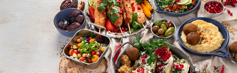 Middle eastern or Arabic dishes on light background. Tasty traditional food