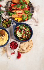 Middle eastern or Arabic dishes on light background. Tasty traditional food