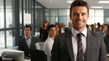 Confident man in suit and tie standing in front of group of people. Business leadership concepts.