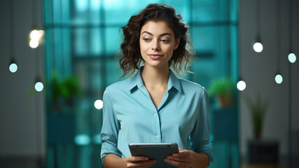 Woman in blue shirt holding tablet. Technology, communication, and business concepts.