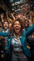 Fototapeta premium A picture of ecstatic, diverse workers celebrating a joint company achievement or win is shown, with confetti flying all around them..