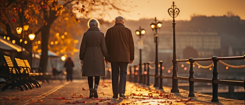 Elderly woman walking with a folding walker and an elderly man with a cane.
