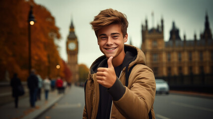 smiling happy young guy against the backdrop of Big Ben in London, boy, teenager, traveling to another country, student, studying English, schoolboy, work and study abroad, Europe, England, thumbs up - obrazy, fototapety, plakaty