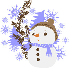 Cute snowman with snowflakes and trees