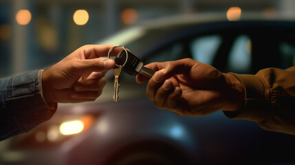 One person hands over car keys to another in a dimly lit parking area during nighttime.