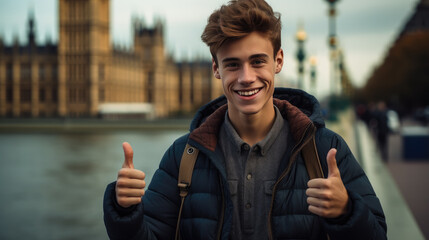 smiling happy young guy against the backdrop of Big Ben in London, boy, teenager, traveling to another country, student, studying English, schoolboy, work and study abroad, Europe, England, thumbs up - obrazy, fototapety, plakaty