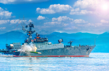 Russian warship going along the coast of Pacific ocean on Kamchatka peninsula