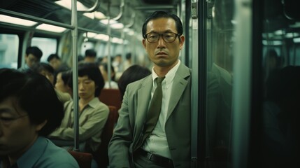People on the metro. Photorealistic Tokyo in the 1960s. People, streets, cars of Tokyo. Capturing the Spirit Japan
