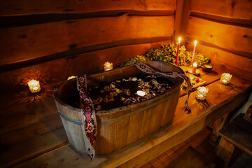 Bowl of natural spa ritual in Baltic States Sauna as pagan ritual set 