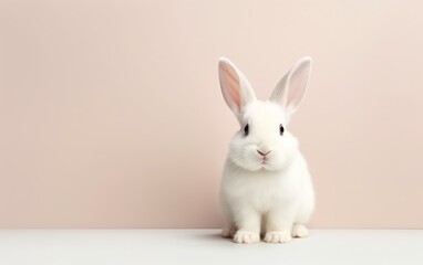 Obraz premium Cute smiling rabbit isolated with copy space for Easter pink background. Adorable fluffy bunny animal pet.