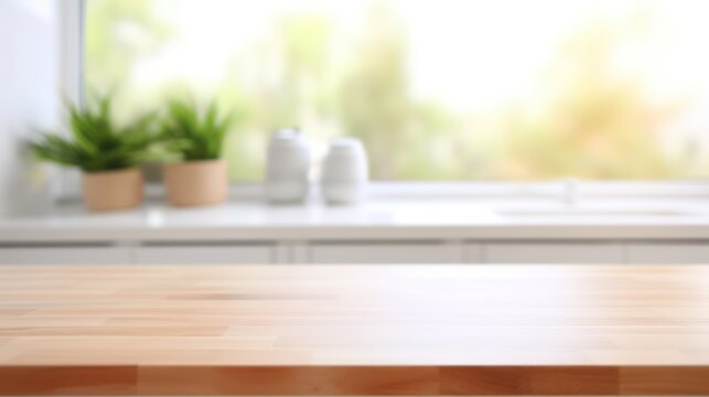 Empty beautiful wood table top counter and blur bokeh modern kitchen interior background in clean and bright, Banner, Ready for product montage
