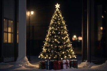 christmas tree with gifts at night. winter background. Christmas and new year concept