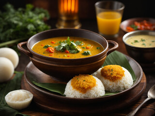 Vegetarian South Indian breakfast thali - Idli vada sambar chutney upma
