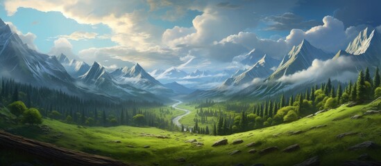 Beautiful landscape green valley in mountains with blue sky view - obrazy, fototapety, plakaty