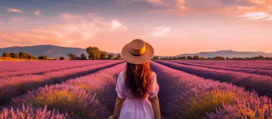 Young pretty woman white dress standing between violet lavender field at sunny day - obrazy, fototapety, plakaty