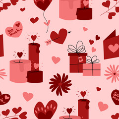 Seamless pattern Valentine's day hearts, gifts, candles vector illustration 
