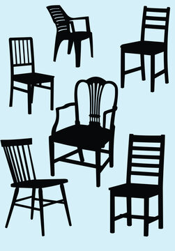 Big set of home chair silhouettes. Black and White Vector hand drawn  illustration