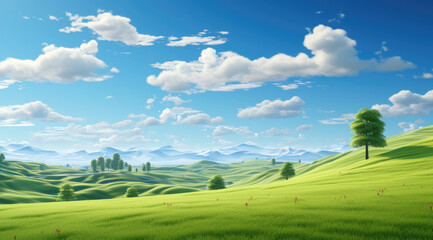 Obraz premium a green grass field with trees, beauty landscapes