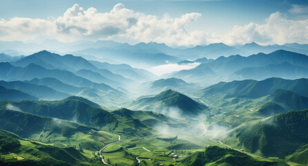 an aerial view of the mountains in the countryside of china - obrazy, fototapety, plakaty