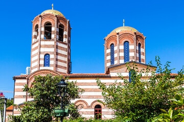 travel to Georgia - cupola of Greek Church of St Nicholas in Batumi city on sunny day. This church...