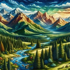 landscape with lake. landscape with lake and mountains. beautiful scenery landscape illustration