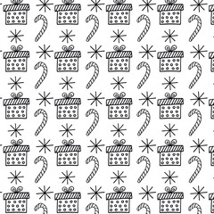 Obraz premium Seamless Christmas pattern with gifts and candies in Doodle style. Pattern on the swatch panel.