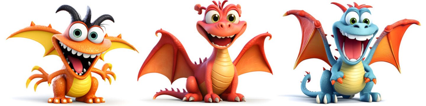 funny 3D dragon character set isolated on white background