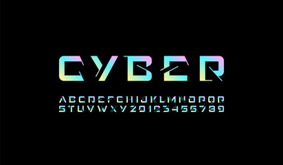Obraz premium Technical future font, digital cyber alphabet, trendy bright letters from A to Z and numbers from 0 to 9 for interface design, vector illustration 10EPS
