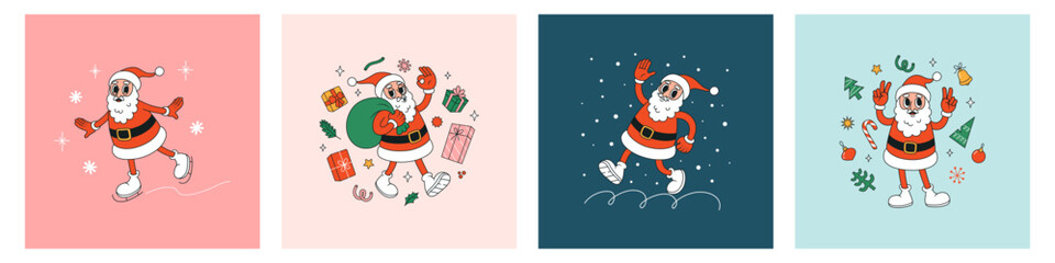 Merry Christmas cards with cartoon Santa Claus. Greeting card, poster, template. Vector illustration in retro style.