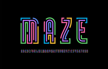 Fototapeta na wymiar Maze font from gap line, alphabet with bright labyrinth, multi-colored lines cut letters and numbers, vector illustrator 10 eps