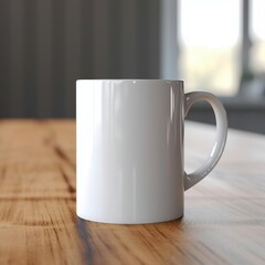 mockup of a white mug on a wooden table, cinematic view, with blurry background of indoor home, mockup style