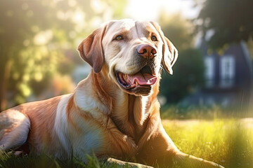 Labrador dog lying in the yard at summer