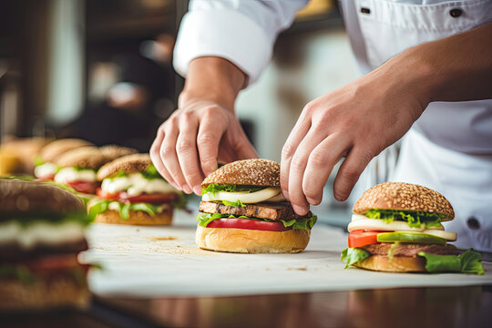 Close-up of a chef cooking healthy burgers